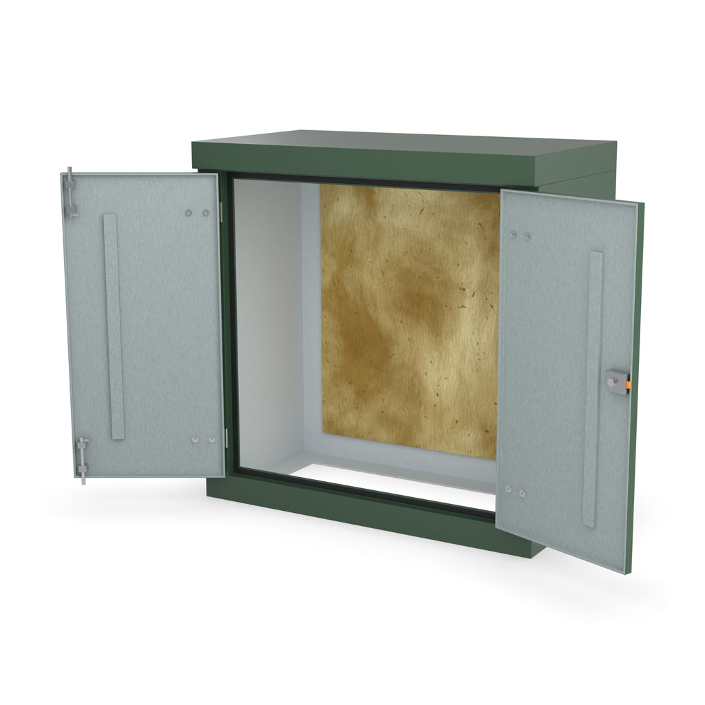 FD2 double door GRP cabinet in green, front three-quarter view with the doors open showing the plywood backboard