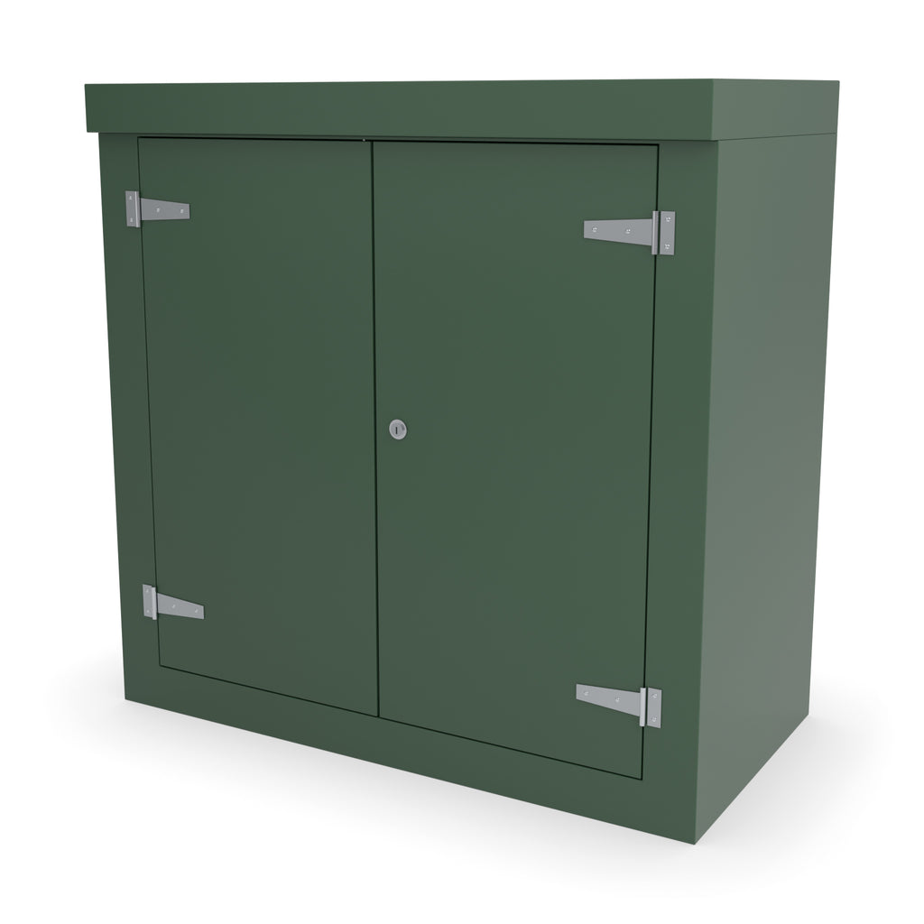 FD2 double door GRP cabinet in green, front three-quarter view with the doors closed