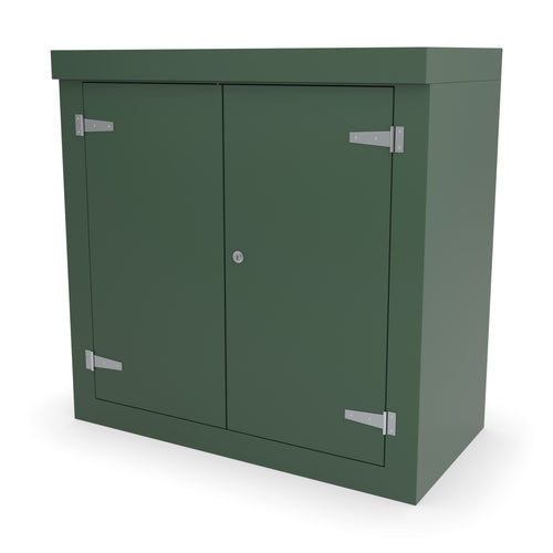 FD2 double door GRP cabinet in green, front three-quarter view with the doors closed