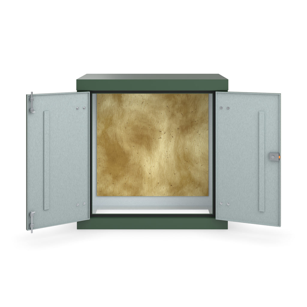FD2 double door GRP cabinet in green, straight-on front view with the doors open showing the plywood backboard