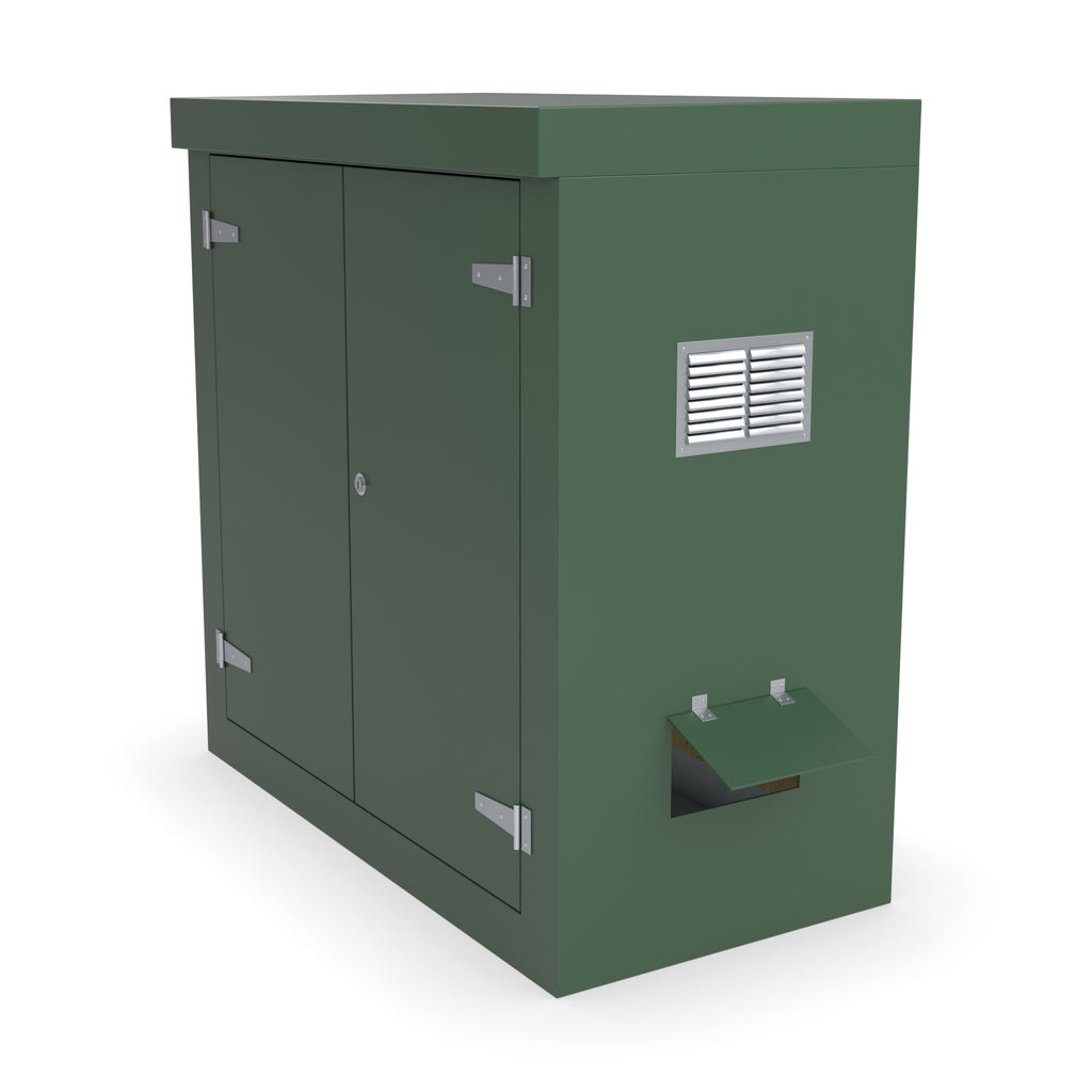 FD2 double door GRP cabinet in green with optional louvre vent and hinged cable-entry flap on the right-hand side