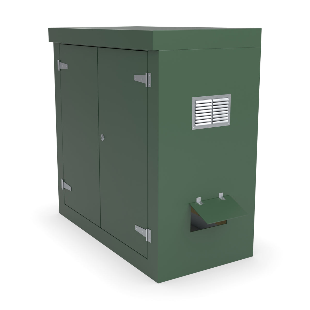 FD2 double door GRP cabinet in green with optional louvre vent and hinged cable-entry flap on the right-hand side