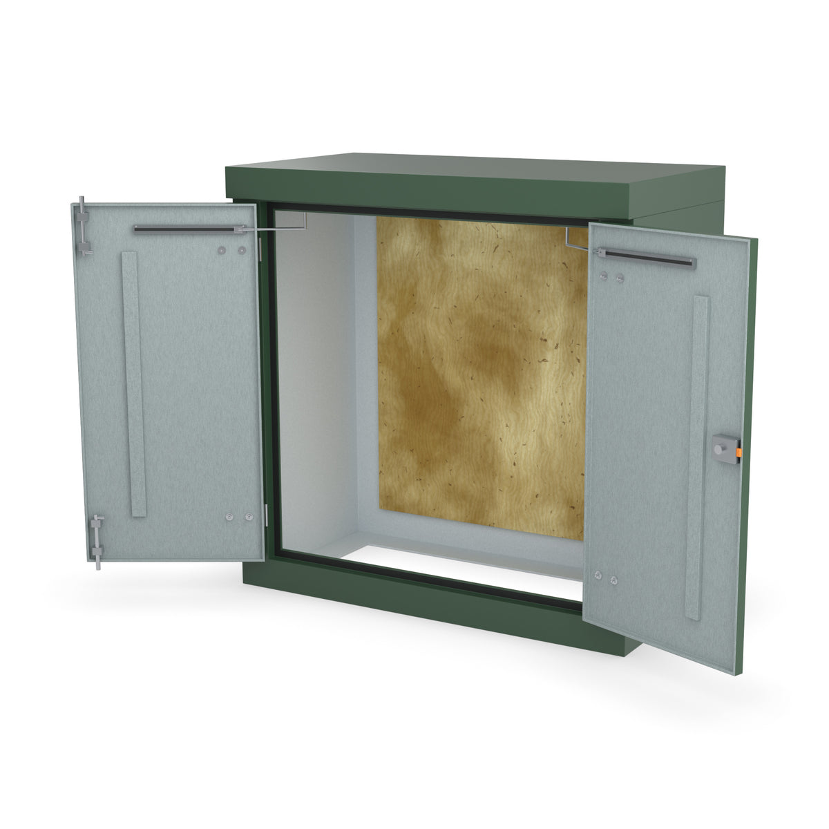 FD2 double door GRP cabinet in green with the doors open on optional door stays