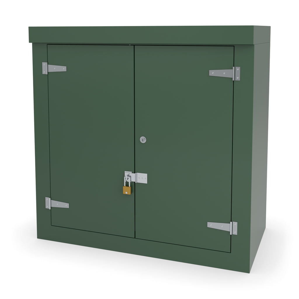 FD2 double door GRP cabinet in green with an optional stainless hasp and staple and padlock