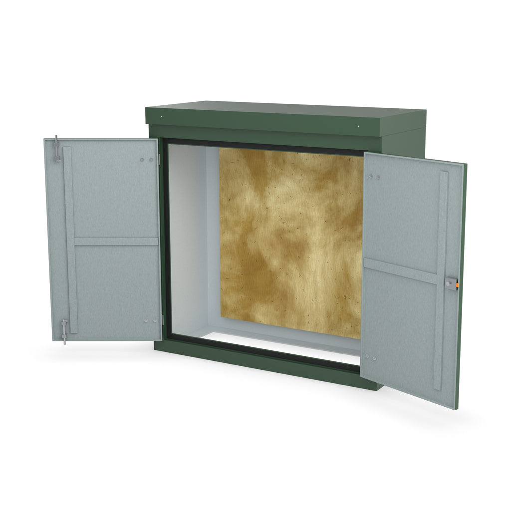 FD3 double door GRP cabinet in green, front three-quarter view with the doors open showing the plywood backboard
