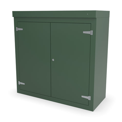 FD3 double door GRP cabinet in green, front three-quarter view with the doors closed