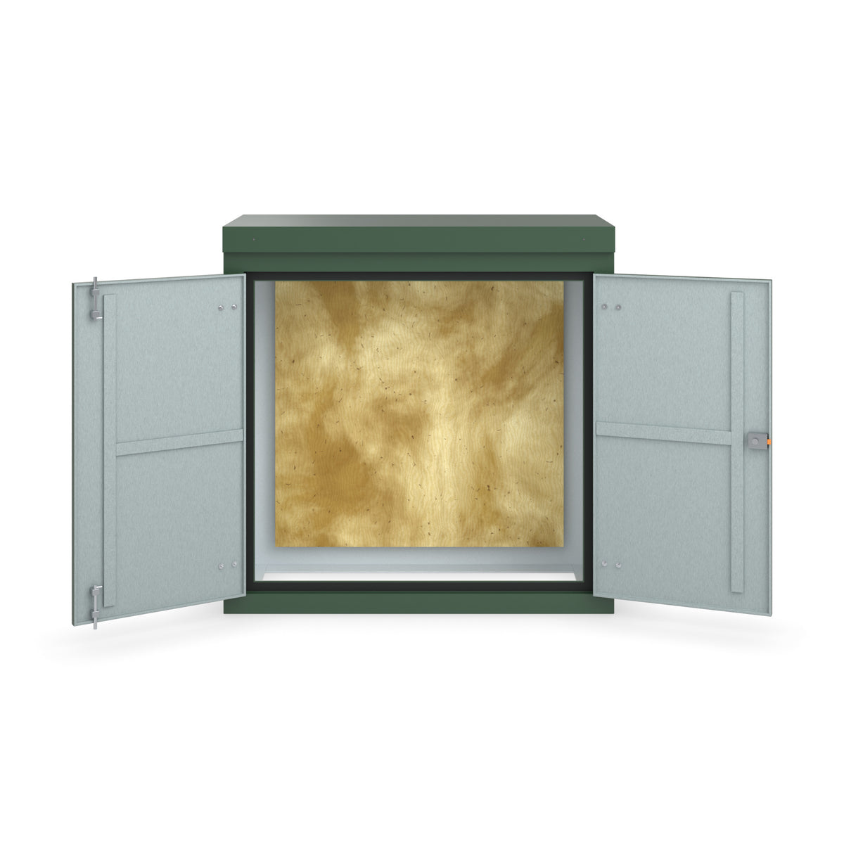 FD3 double door GRP cabinet in green, straight-on front view with the doors open showing the plywood backboard