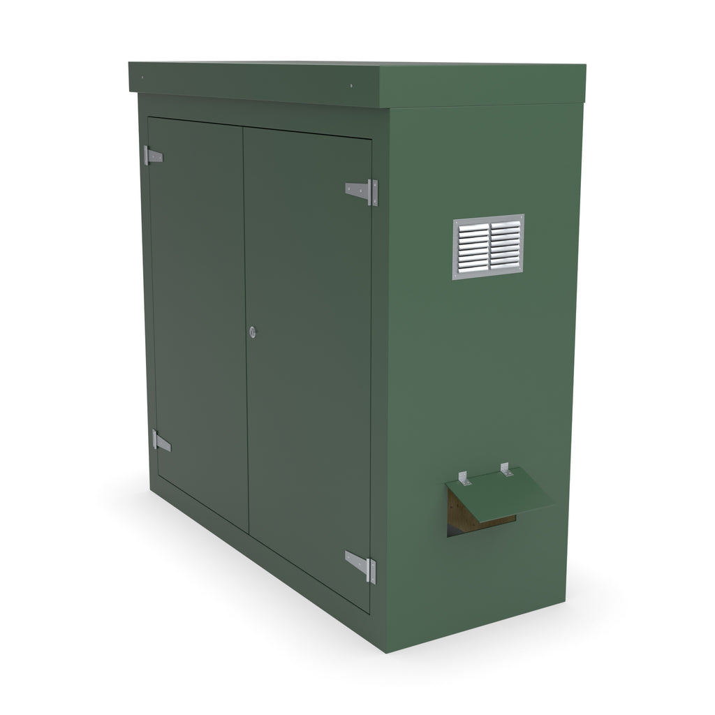 FD3 double door GRP cabinet in green with optional louvre vent and hinged cable-entry flap on the right-hand side
