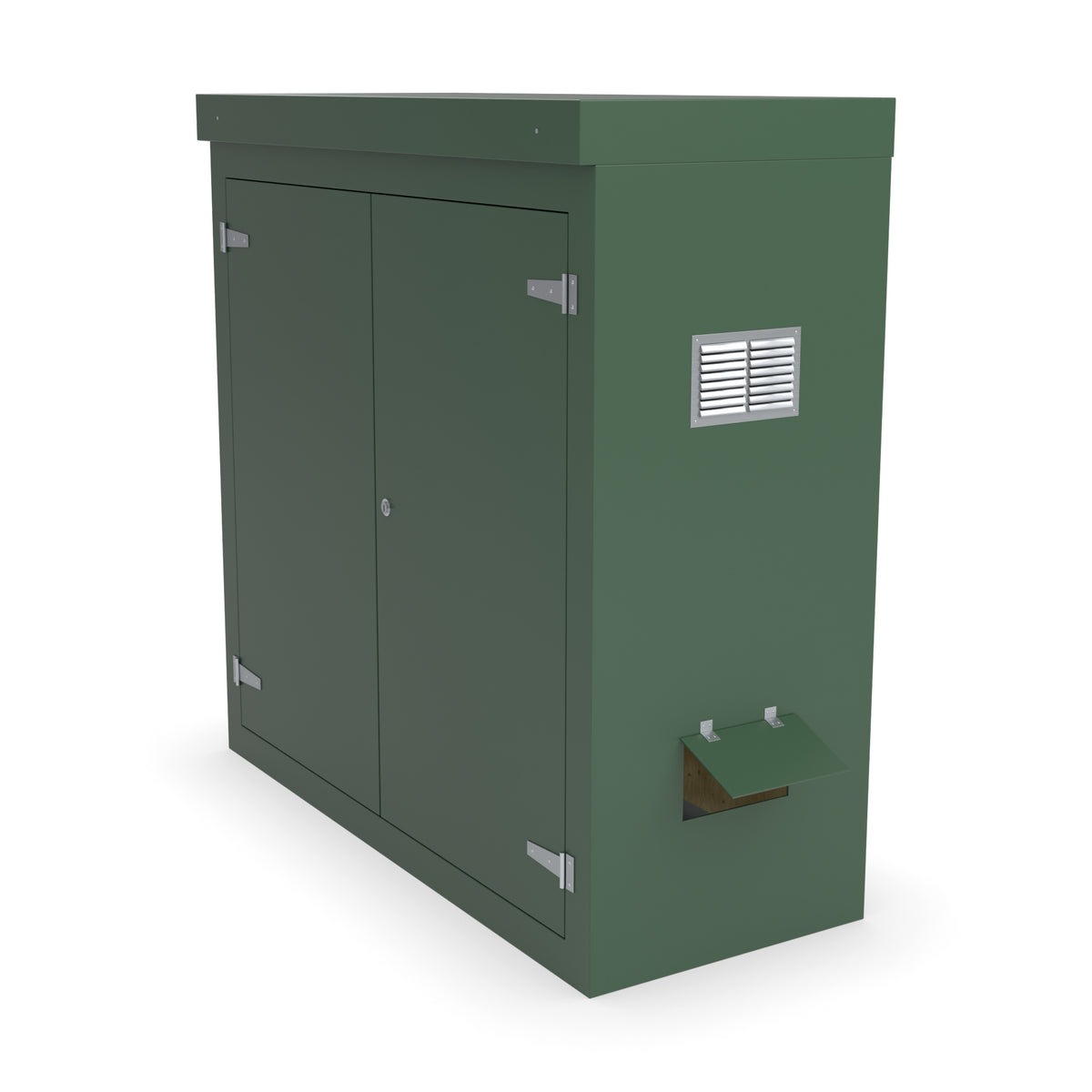 FD3 double door GRP cabinet in green with optional louvre vent and hinged cable-entry flap on the right-hand side