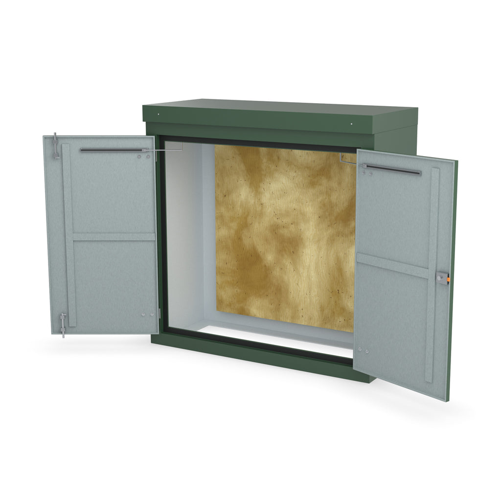 FD3 double door GRP cabinet in green with the doors open on optional door stays