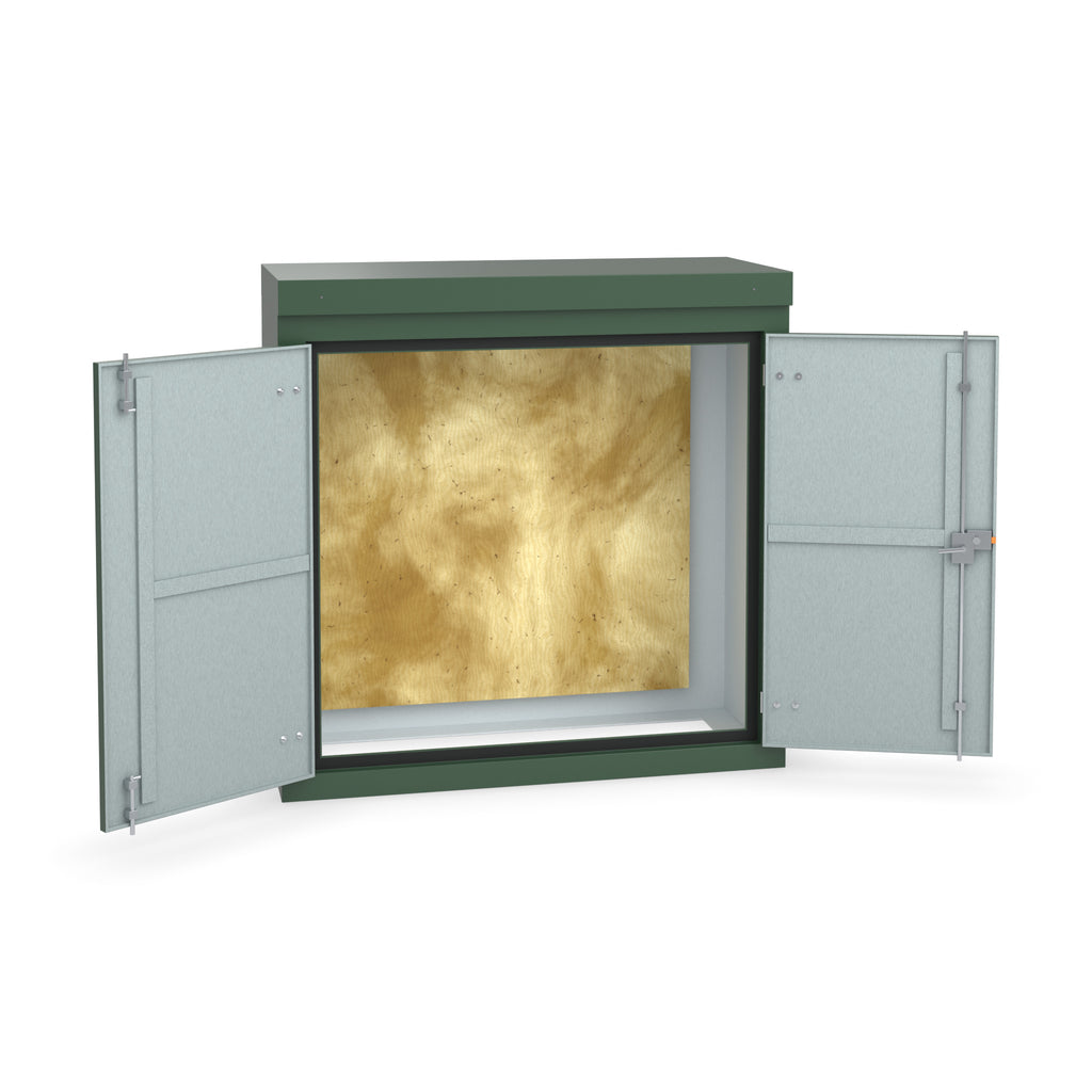 FD3 double door GRP cabinet in green with the doors open showing optional three-point locking on the right-hand door