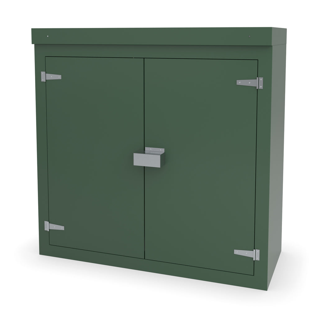 FD3 double door GRP cabinet in green with an optional stainless security shroud over the lock