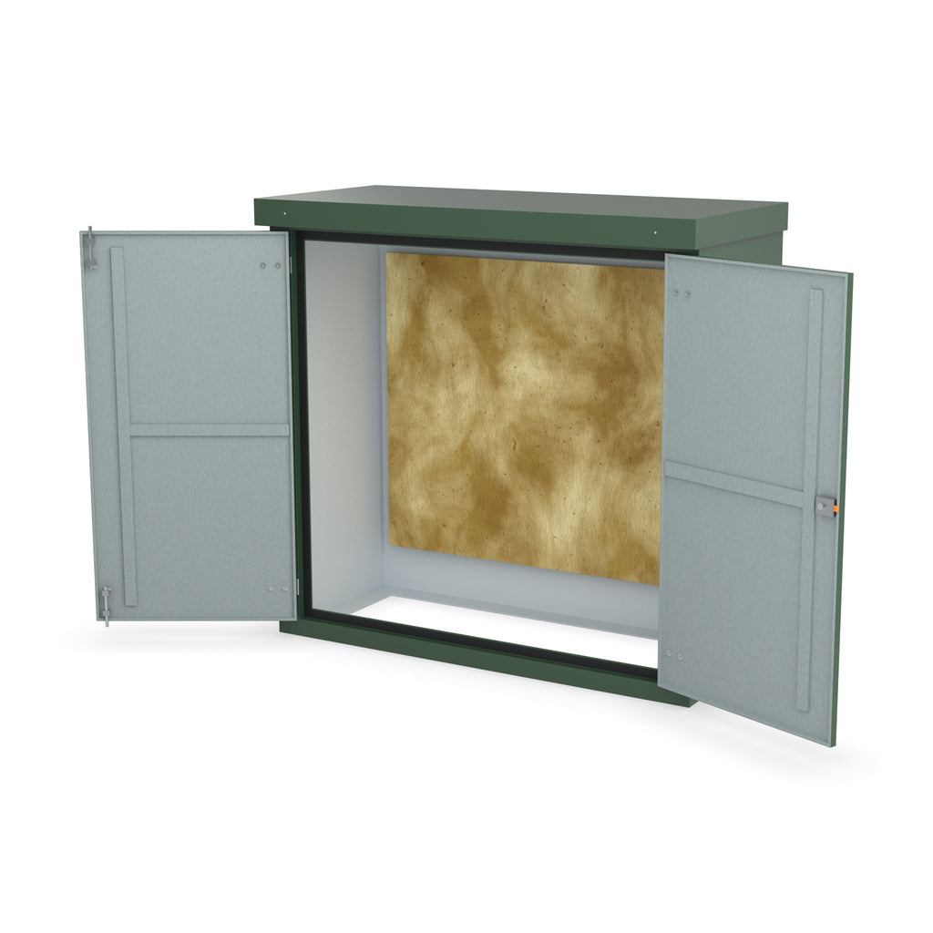 FD4 double door GRP cabinet in green, front three-quarter view with the doors open showing the plywood backboard