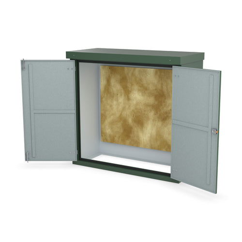 FD4 double door GRP cabinet in green, front three-quarter view with the doors open showing the plywood backboard