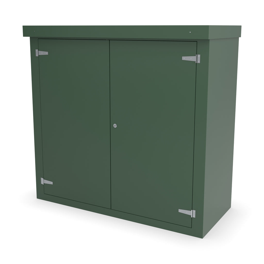 FD4 double door GRP cabinet in green, front three-quarter view with the doors closed