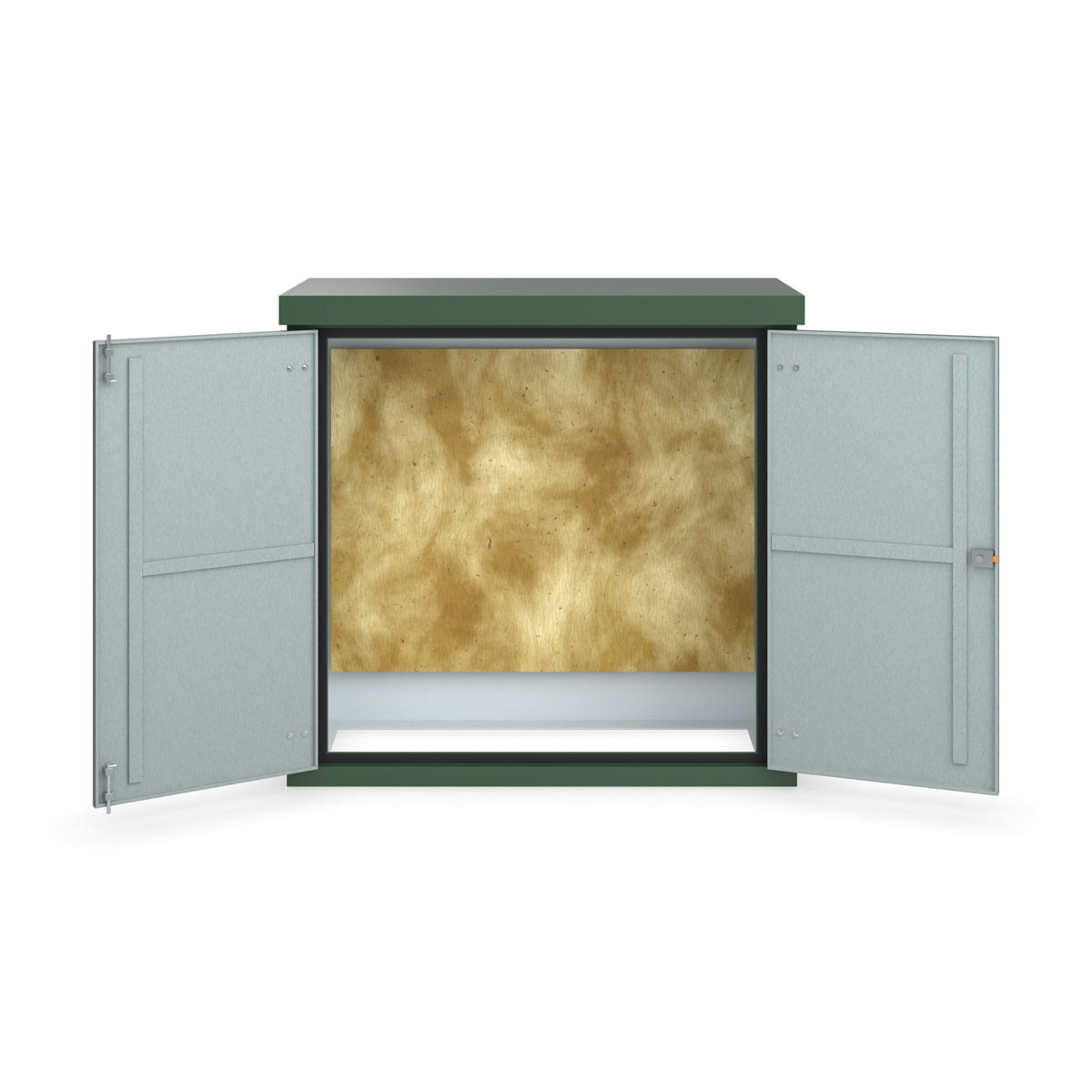 FD4 double door GRP cabinet in green, straight-on front view with the doors open showing the plywood backboard