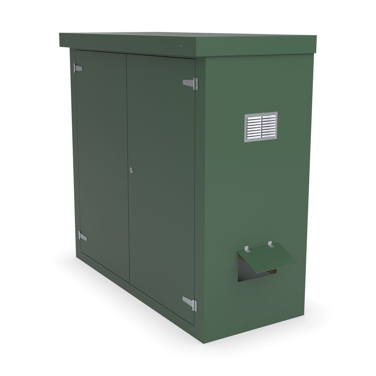 FD4 double door GRP cabinet in green with optional louvre vent and hinged cable-entry flap on the right-hand side
