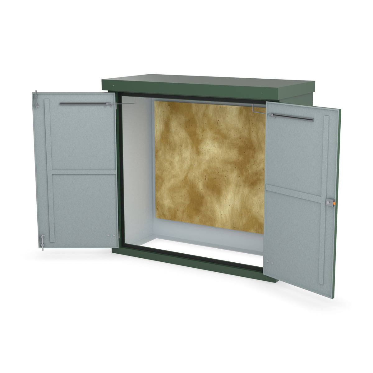 FD4 double door GRP cabinet in green with the doors open on optional door stays
