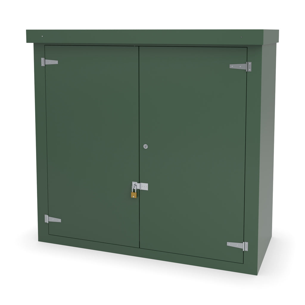 FD4 double door GRP cabinet in green with an optional stainless hasp and staple and padlock