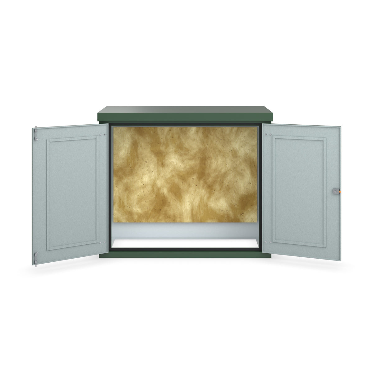 FD5 double door GRP cabinet in green, straight-on front view with the doors open showing the plywood backboard