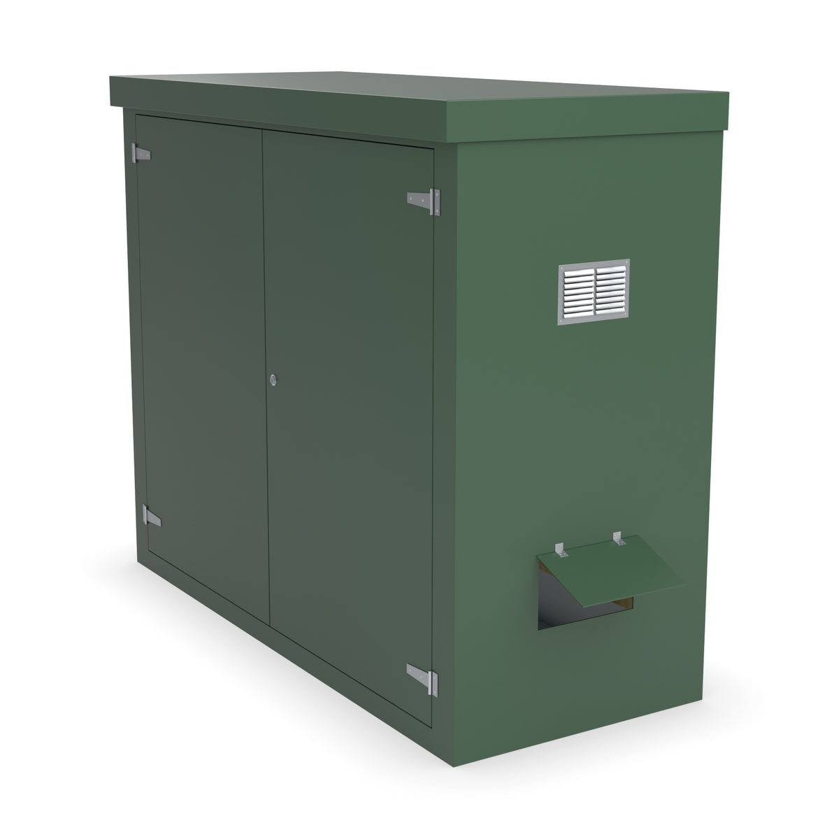 FD5 double door GRP cabinet in green with optional louvre vent and hinged cable-entry flap on the right-hand side
