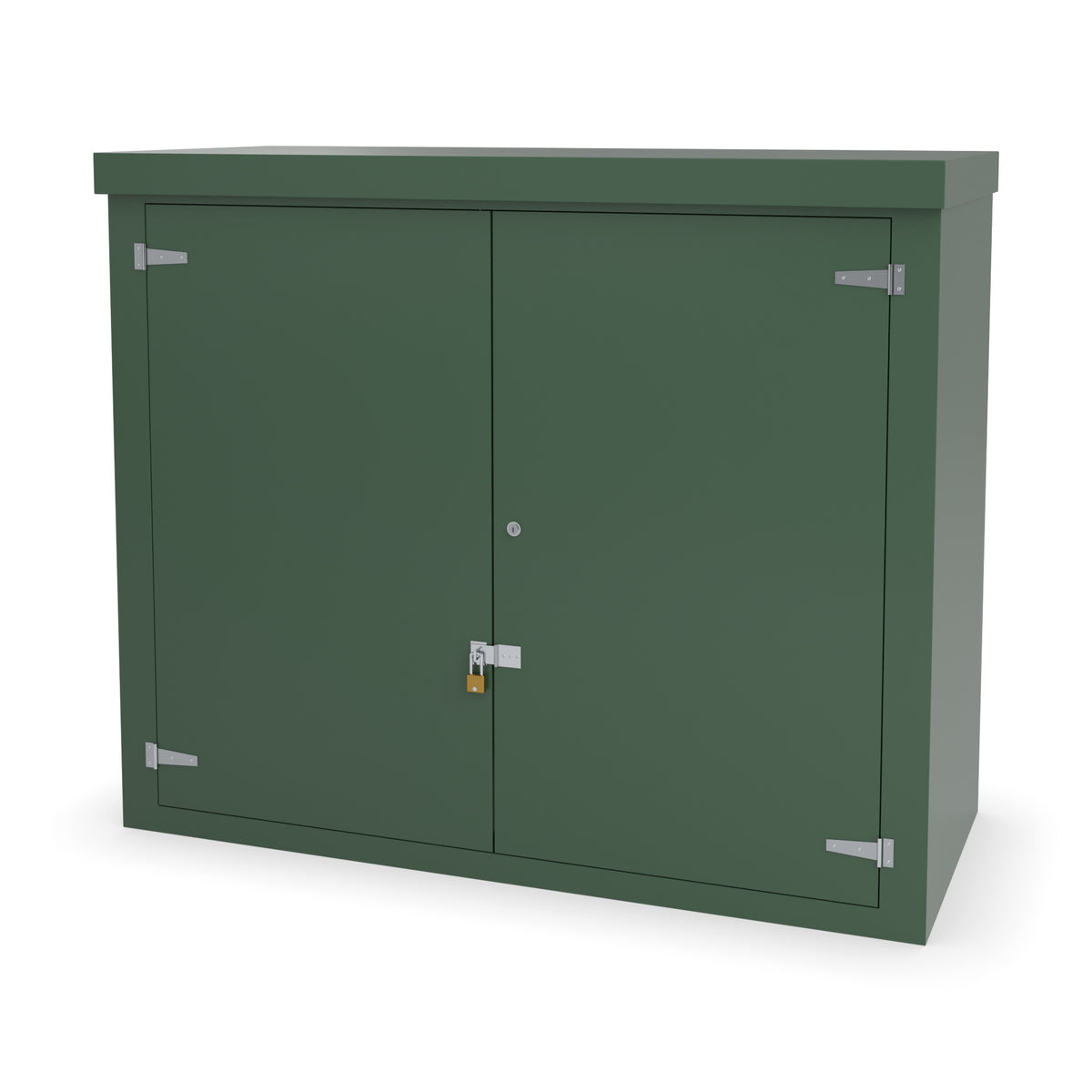 FD5 double door GRP cabinet in green with an optional stainless hasp and staple and padlock