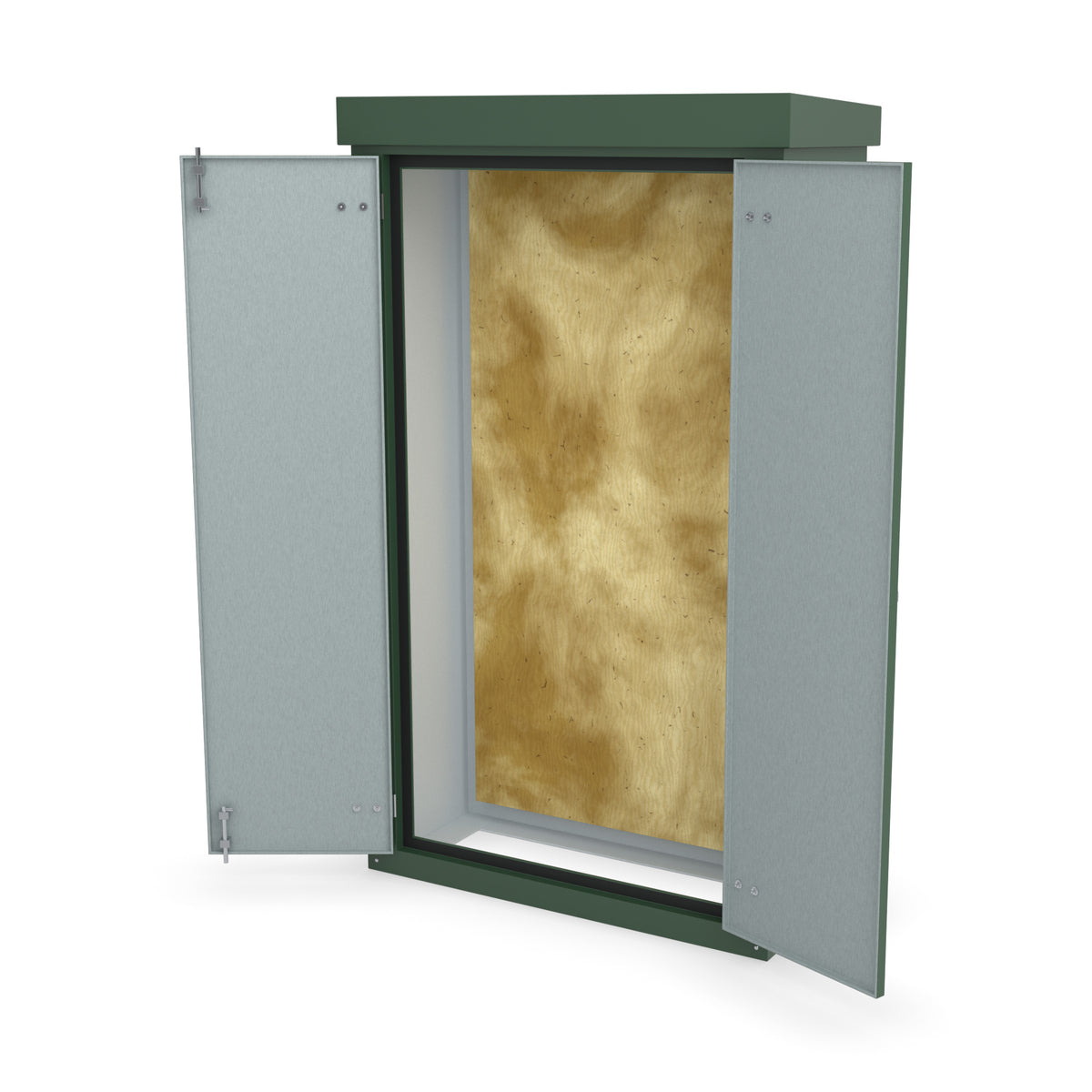 FD6 double door GRP cabinet in green, front three-quarter view with the doors open showing the plywood backboard