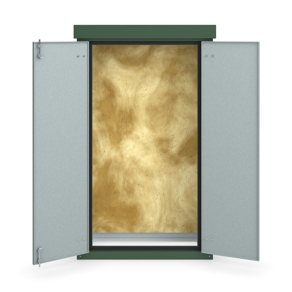 FD6 double door GRP cabinet in green, straight-on front view with the doors open showing the plywood backboard
