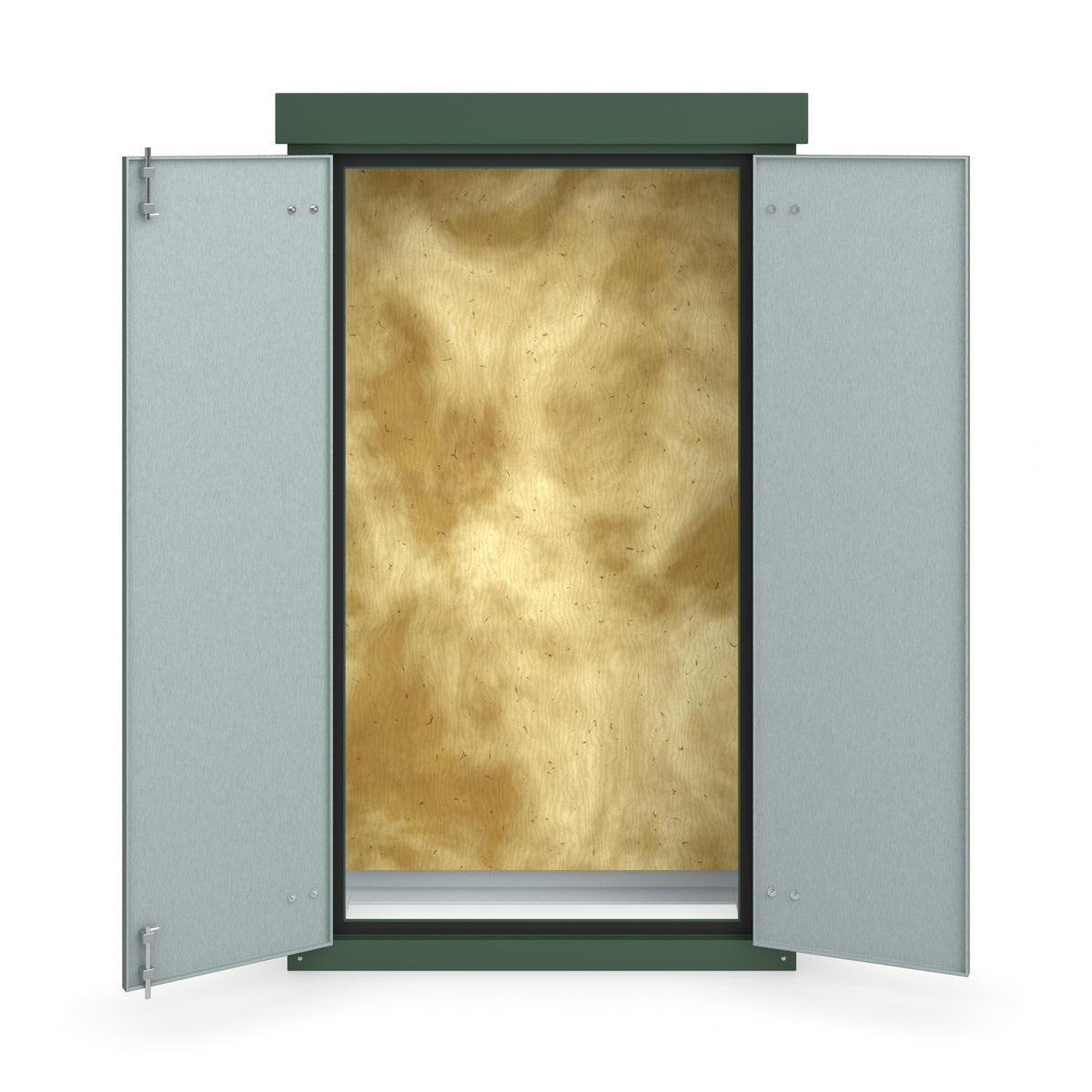 FD6 double door GRP cabinet in green, straight-on front view with the doors open showing the plywood backboard