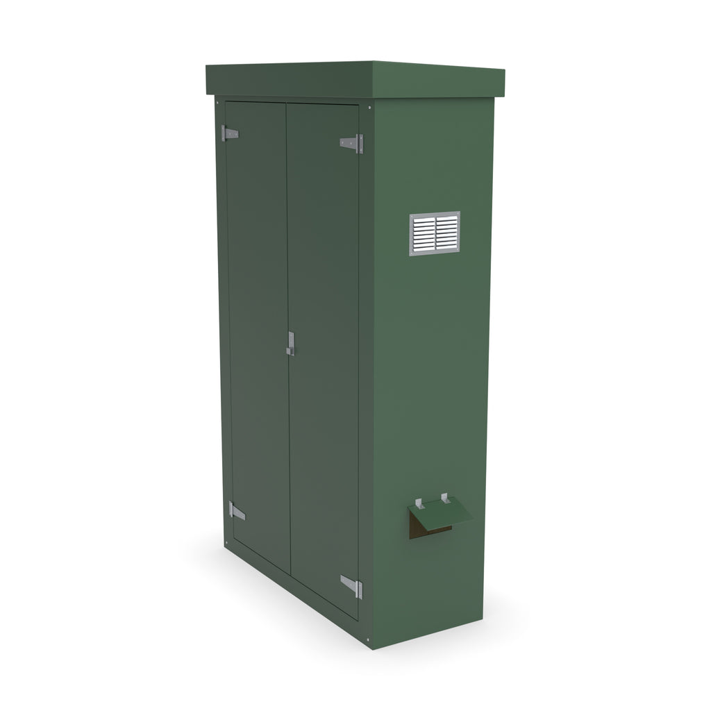 FD6 double door GRP cabinet in green with optional louvre vent and hinged cable-entry flap on the right-hand side