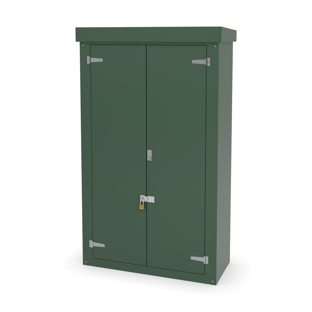 FD6 double door GRP cabinet in green with an optional stainless hasp and staple and padlock
