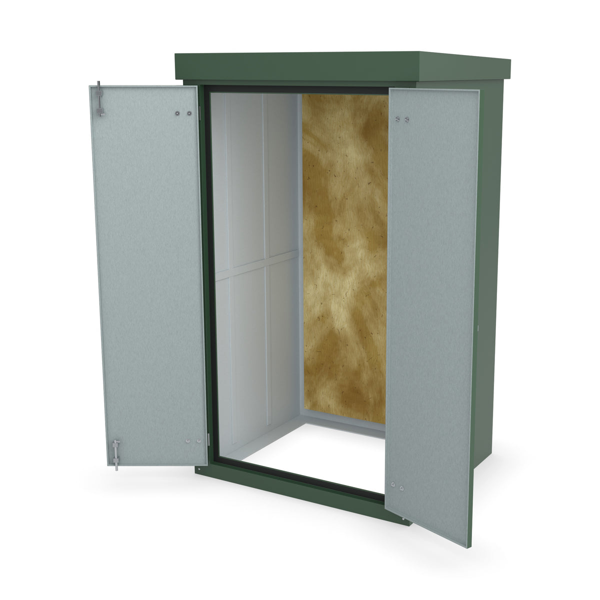 FD7 double door GRP cabinet in green, front three-quarter view with the doors open showing the plywood backboard