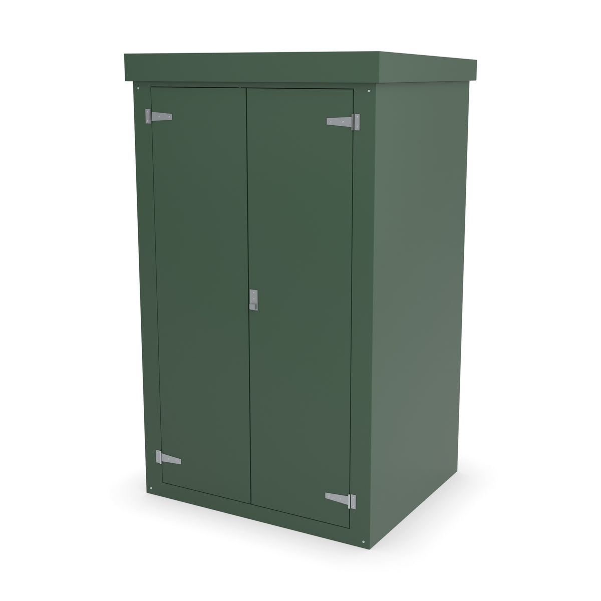 FD7 double door GRP cabinet in green, front three-quarter view with the doors closed