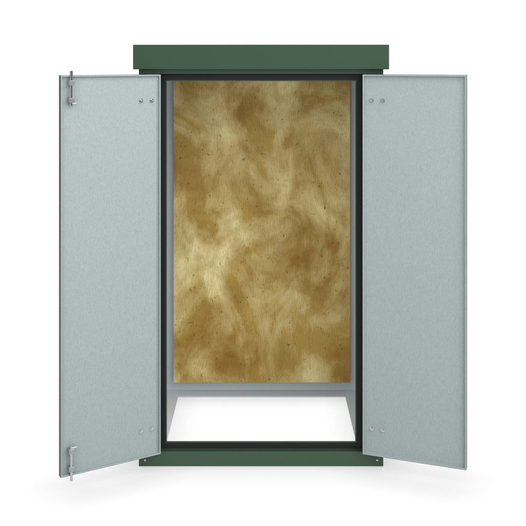 FD7 double door GRP cabinet in green, straight-on front view with the doors open showing the plywood backboard