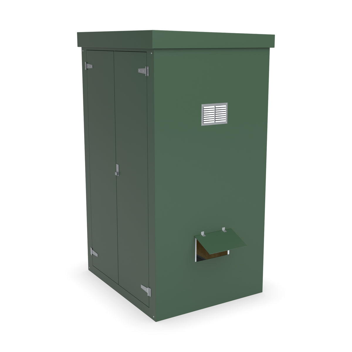 FD7 double door GRP cabinet in green with optional louvre vent and hinged cable-entry flap on the right-hand side
