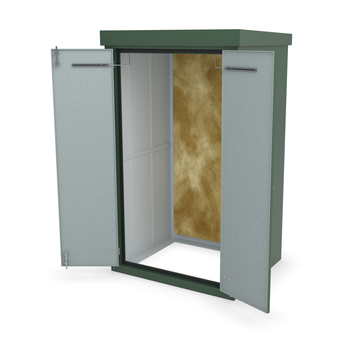 FD7 double door GRP cabinet in green with the doors open on optional door stays
