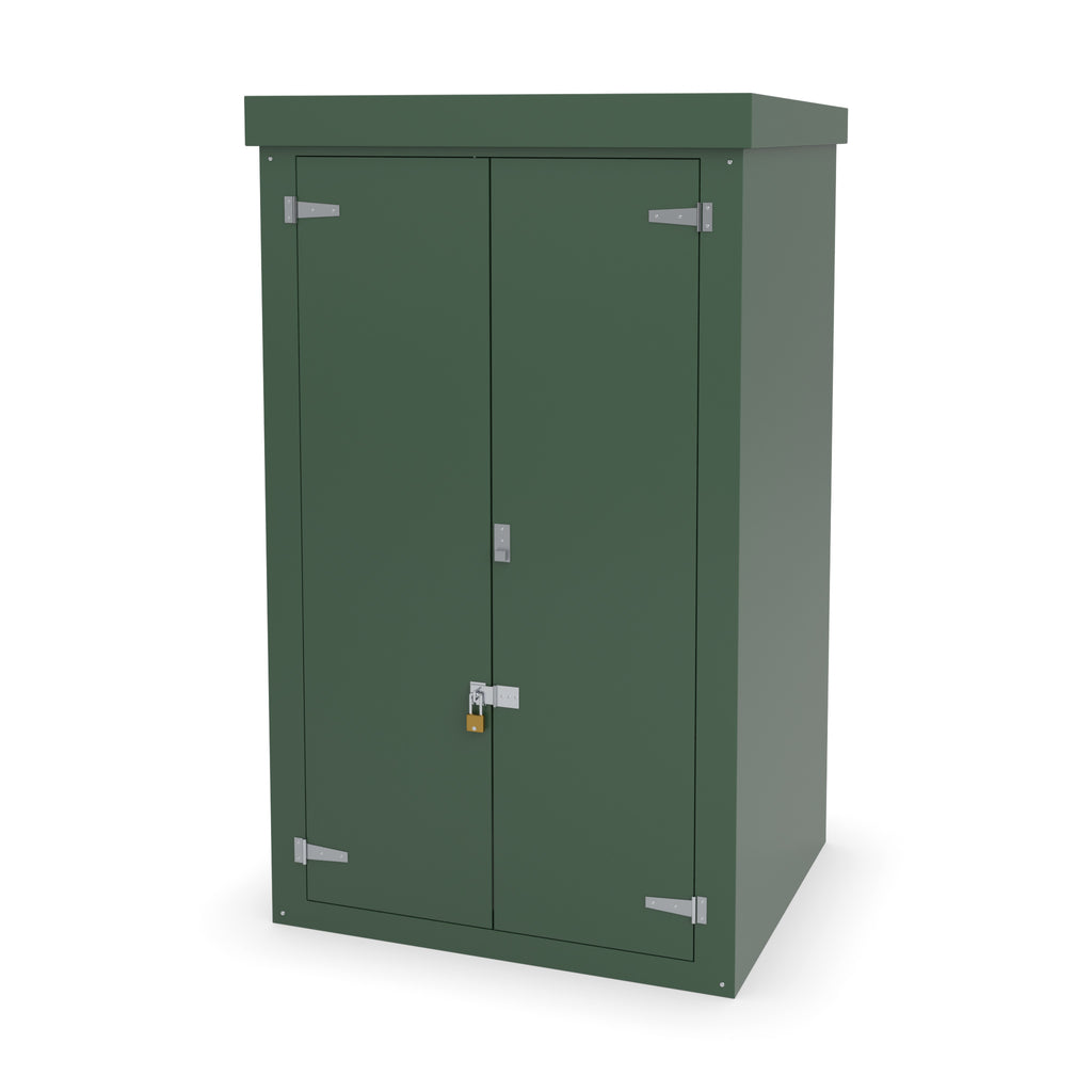 FD7 double door GRP cabinet in green with an optional stainless hasp and staple and padlock