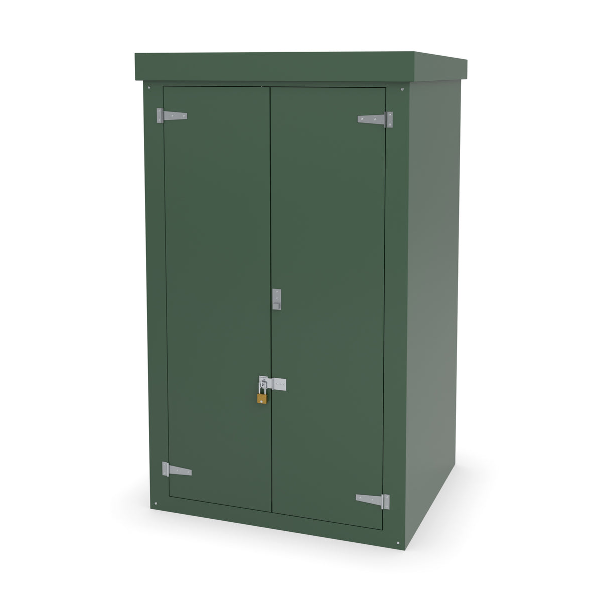 FD7 double door GRP cabinet in green with an optional stainless hasp and staple and padlock