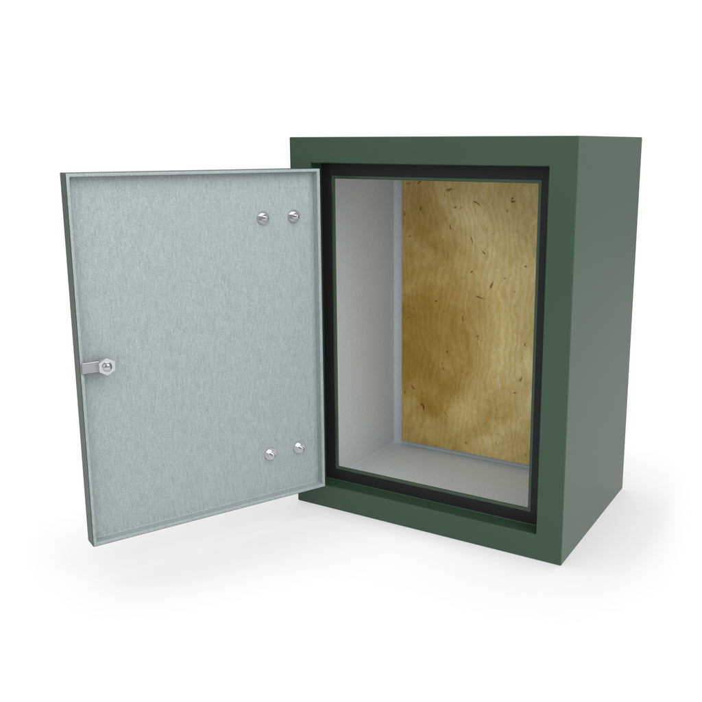 FS1 single door GRP cabinet in green, front three-quarter view with the door open showing the plywood backboard