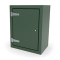 FS1 single door GRP cabinet in green, front three-quarter view with the door closed