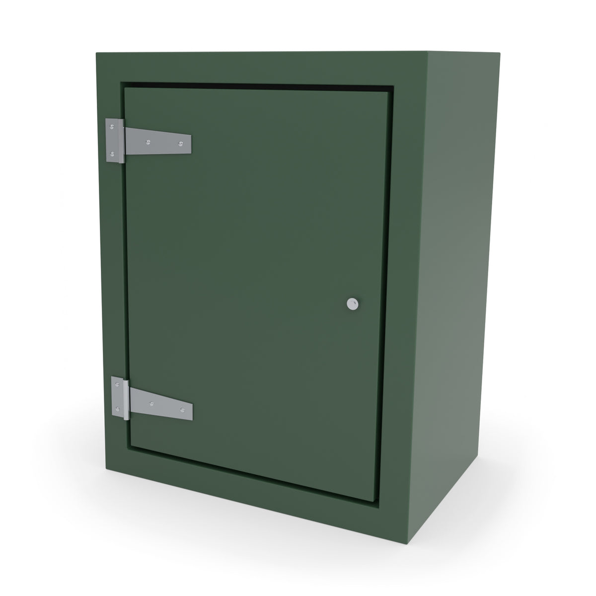FS1 single door GRP cabinet in green, front three-quarter view with the door closed