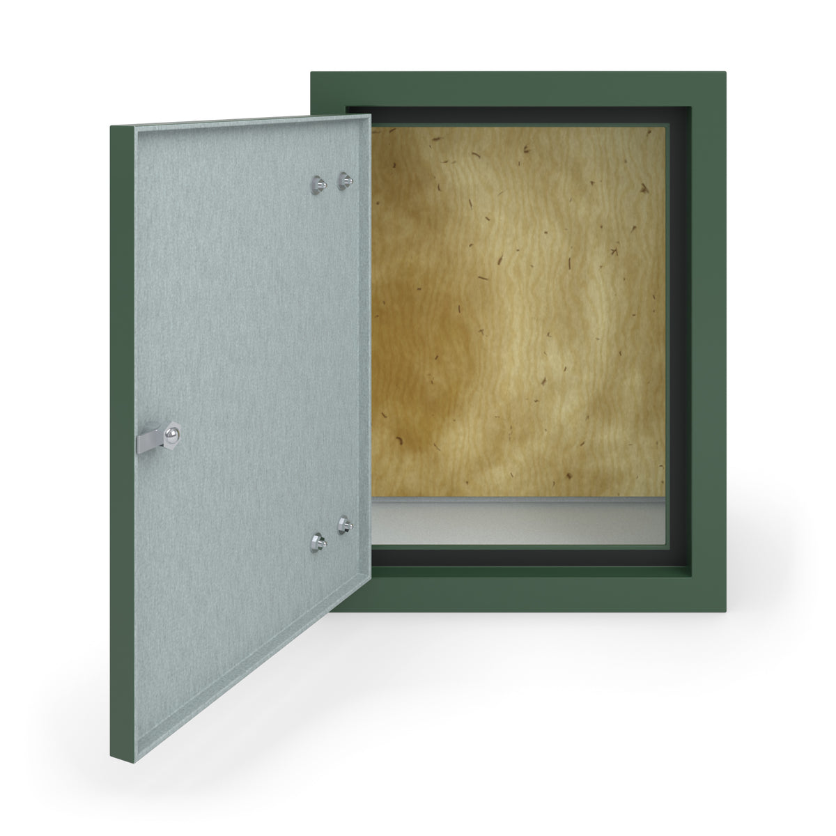 FS1 single door GRP cabinet in green, straight-on front view with the door open showing the plywood backboard