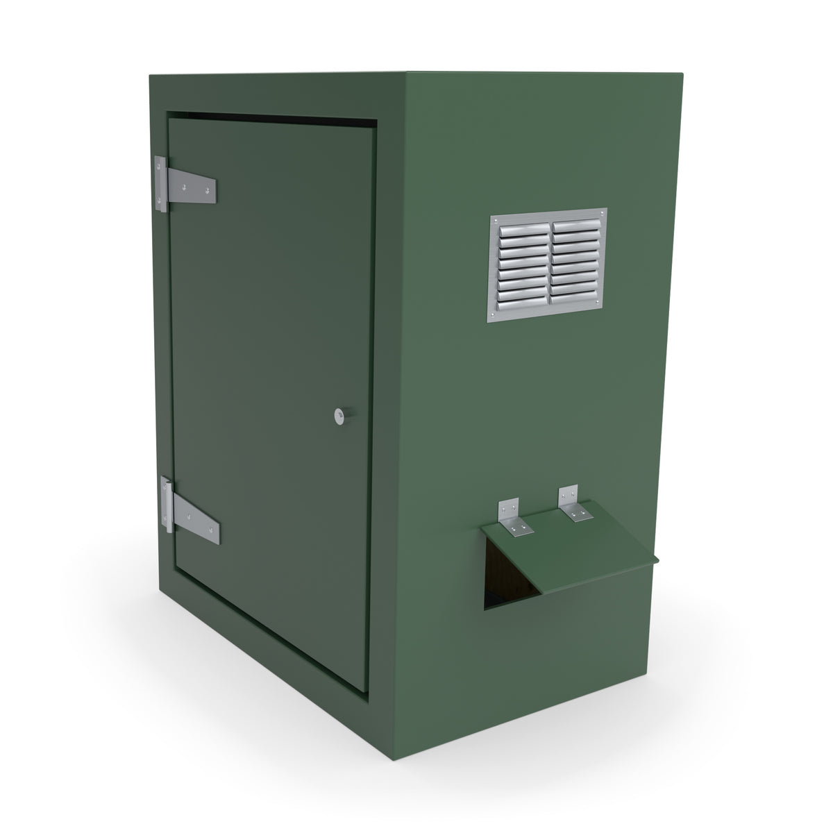 FS1 single door GRP cabinet in green with optional louvre vent and hinged cable-entry flap on the right-hand side