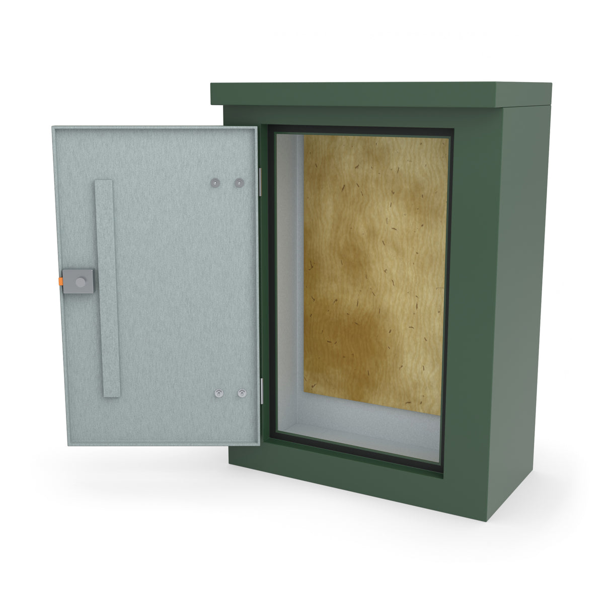 FS2 single door GRP cabinet in green, front three-quarter view with the door open showing the plywood backboard