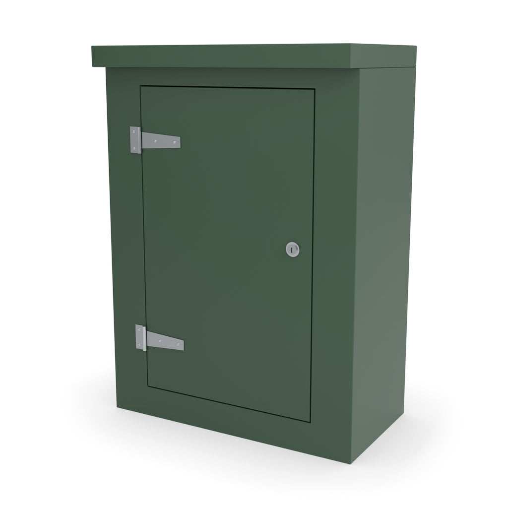 FS2 single door GRP cabinet in green, front three-quarter view with the door closed