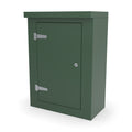 FS2 single door GRP cabinet in green, front three-quarter view with the door closed