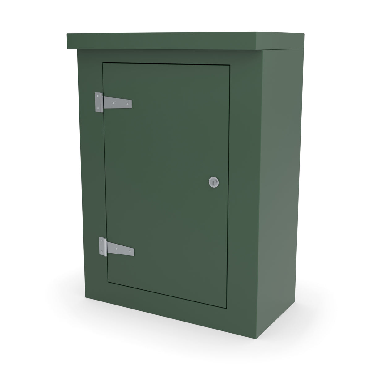 FS2 single door GRP cabinet in green, front three-quarter view with the door closed
