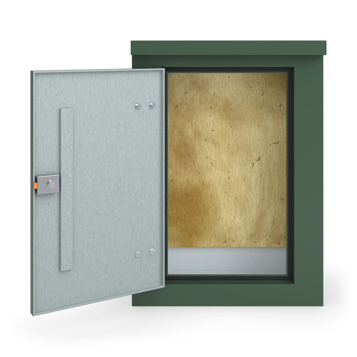 FS2 single door GRP cabinet in green, straight-on front view with the door open showing the plywood backboard