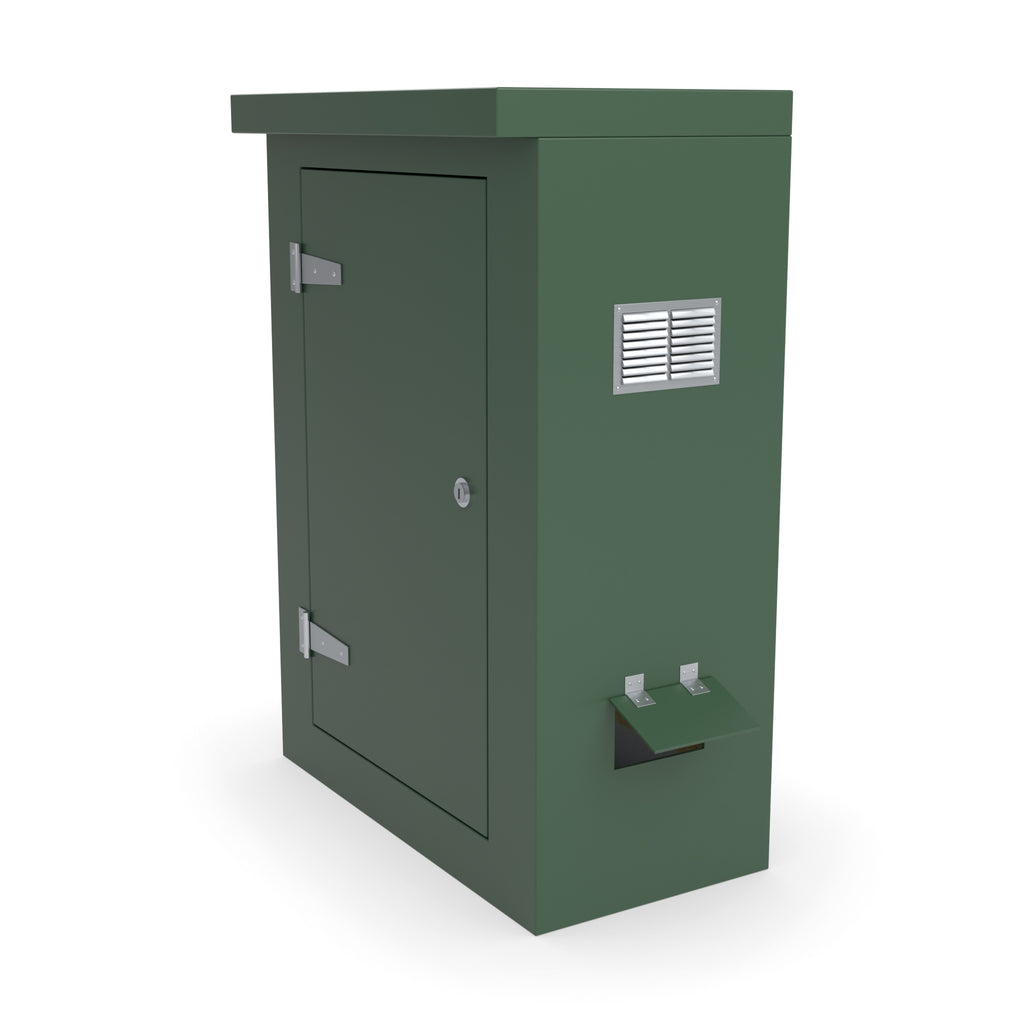 FS2 single door GRP cabinet in green with optional louvre vent and hinged cable-entry flap on the right-hand side
