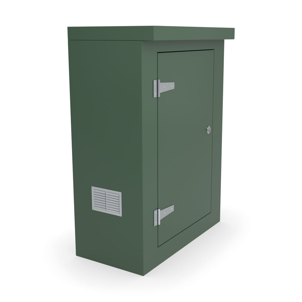FS2 single door GRP cabinet in green with an optional louvre vent low on the left-hand side